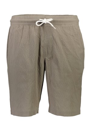 Hellbraune Shorts aus strukturierter Stoff mit elastischem Bund und weißem Kordelzug. Verfügt über Seitentaschen und einem knielangen Schnitt.