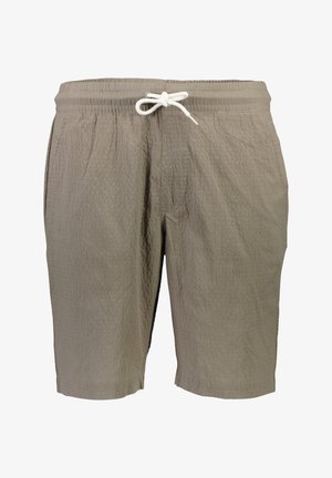 Pantalones cortos de color marrón claro hechos de una tela texturizada con una cinturilla elástica y un cordón blanco. Cuenta con bolsillos laterales y un corte a la altura de la rodilla.