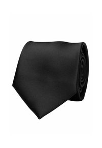 Svart siden slips, slät textur, klassisk design, smal form, prydligt rullad med spetsig ände. Inga mönster eller dekorationer.