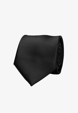Svart siden slips, slät textur, klassisk design, smal form, prydligt rullad med spetsig ände. Inga mönster eller dekorationer.