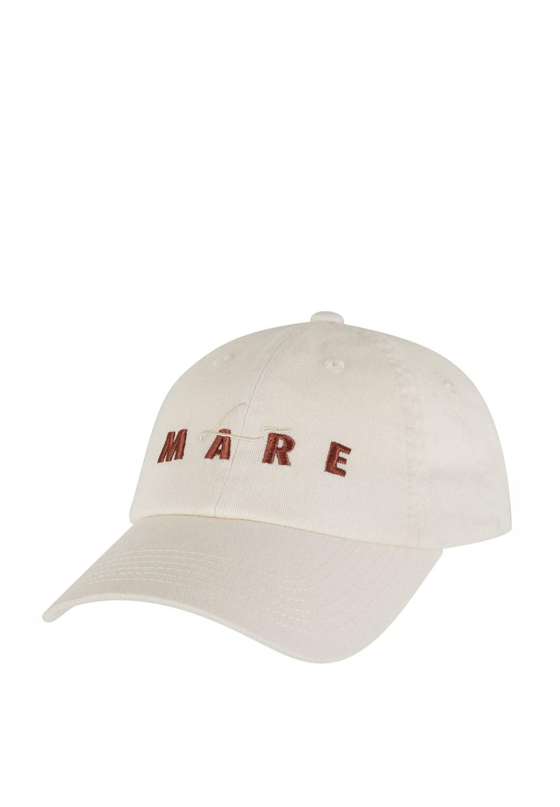 Beige puuvillane beisballi müts, millel on pruunides tähtedes brodeeritud "MÀRE". Kumer ääreosa ja reguleeritav rihm taga.