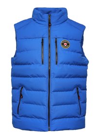 Blauer Steppweste mit hohem Kragen, zwei mit Reißverschluss gesicherten Brusttaschen und Seitentaschen. Verfügt über ein rundes Logo mit Text auf der linken Seite.