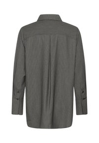 Sötétszürke hosszú ujjú ing fehér vékony csíkokkal, begombolható mandzsettákkal és hátul pliszírozott részlettel, hátulnézetből.