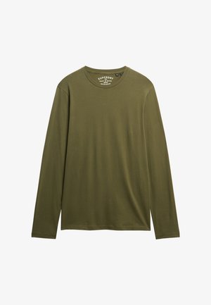 Long-sleeve olive green crewneck shirt with minimal design, labeled Superdry, laid flat on a white background.