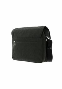 Donkergroene schoudertas van een gestructureerde stof, met een voorvak met rits, een bovenflap en een verstelbare schouderband om te dragen.