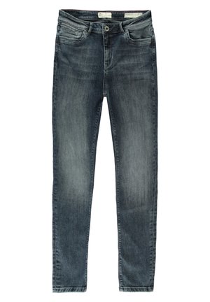 Ciemnoszare obcisłe jeansy z przednimi kieszeniami, guzikiem oraz efektami przetarć na udach i kolanach.