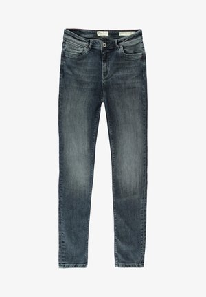 Donkere grijze skinny jeans met voorzakken, knoop en vervaagde details langs de dijen en knieën.