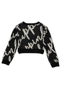 Maglione accorciato in morbido knit nero con grandi lettere bianche scritte a mano. Presenta maniche lunghe e un colletto a coste nero e polsini.