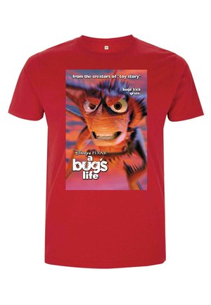 Camiseta de algodón roja con un estampado gráfico de un personaje de "Bichos", con colores llamativos y un texto superpuesto que promociona la película.