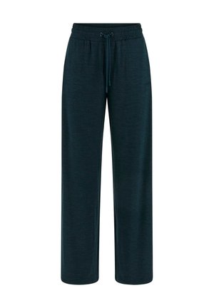 Pantaloni della tuta larghi di color verde scuro con cinturino regolabile in vita e un tessuto morbido e testurizzato. Senza motivi o loghi visibili.