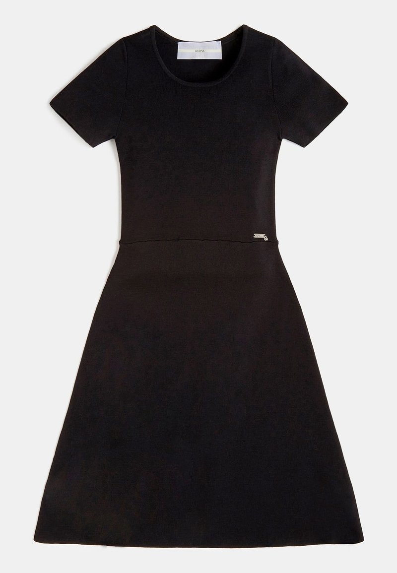 Schwarzes kurzärmliges Kleid aus dehnbarem Stoff, mit einem figurbetonten Oberteil und einem ausgestellten Rock. Enthält ein kleines silbernes Logodetail an der Taille.