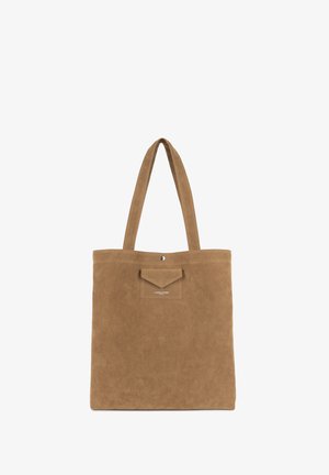 Borsa a tracolla in suede marrone con due manici, caratterizzata da una tasca frontale con patta e chiusura a scatto, e un design minimalista.