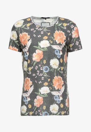 Graues Kurzarmhemd mit orange-, weiß- und blaufarbenen Blumen, weißen Vögeln und einem Muster aus rot-weiß gestreiften Schlangen.