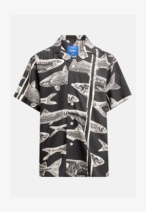 Svart kortärmad skjorta med knappar som har ett vitt fiskmönster, platt krage, mjuk textur och normal passform.