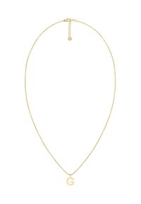 Collar de cadena de oro con cierre ajustable y un solo colgante que presenta la letra mayúscula "G" sobre fondo blanco.