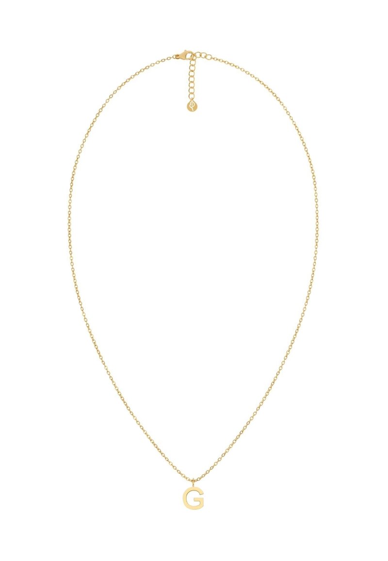 Collar de cadena de oro con cierre ajustable y un solo colgante que presenta la letra mayúscula "G" sobre fondo blanco.