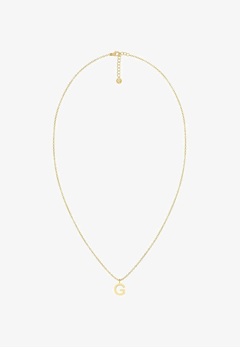 Collar de cadena de oro con cierre ajustable y un solo colgante que presenta la letra mayúscula "G" sobre fondo blanco.