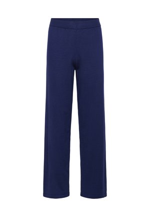 Pantalon large bleu marine en tissu doux, doté d'une taille élastique, d'une texture lisse, sans motifs visibles ni détails métalliques.