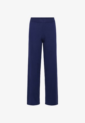 Tengerészkék, széles szárú nadrág puha anyagból, rugalmas derékpánttal, sima textúrával, minták vagy látható díszítőelemek nélkül.