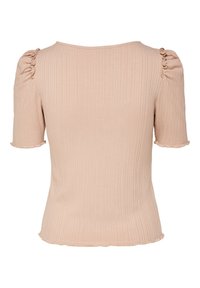 Haut beige en maille côtelée à manches courtes avec manches bouffantes froncées et un ourlet légèrement évasé, montré de dos.