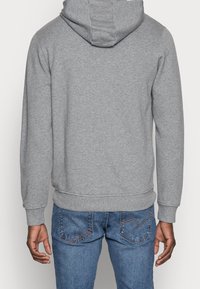 Grauer Hoodie mit weicher Textur, ausgestattet mit einer Kordelzugkapuze, langen Ärmeln und gerippten Bündchen, kombiniert mit blauen Jeans.