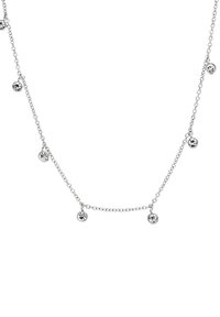 Silberkettchen mit kleinen runden Anhängern, die klare Strasssteine tragen und gleichmäßig entlang der Kette angeordnet sind, mit einem polierten Finish.