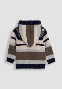 Bluza z kapturem z poziomymi paskami w kolorze brązowym, granatowym, jasnoszarym i różowym. Dziana faktura z ściągaczami przy mankietach i na hemie.