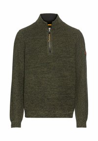Dunkelgrüner, gerippter Pullover mit einem halben Reißverschluss am Kragen und langen Ärmeln. Verfügt über strukturstrick und dezente Farbvariationen.