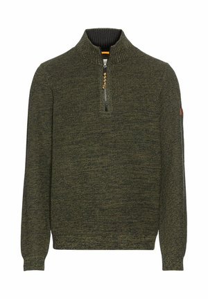 Donkergroene, geribde pullover trui met een halve rits kraag en lange mouwen. Kenmerkt zich door een gestructureerde brei en subtiele kleurvariaties.