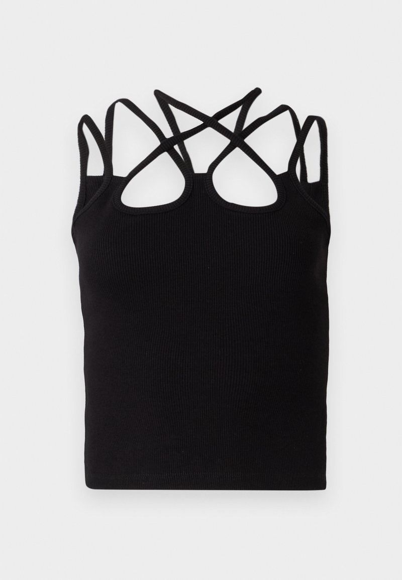 Top nero a coste con molteplici bretelle incrociate sul retro. Il tessuto è liscio, con una silhouette aderente e un collo rotondo.