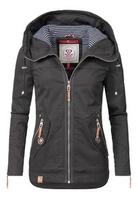 Black jacket with a zipper front, adjustable hood, and angled pockets. Lined with navy and white stripes, featuring leather accents.
