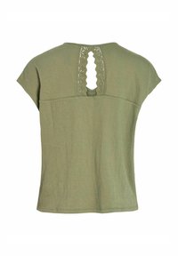 Olive green short-sleeve top with a textured fabric. Features a keyhole cutout and scalloped lace trim at the back. Simple design, relaxed fit.