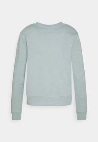 Sudadera de manga larga gris claro con puños, dobladillo y cuello acanalados, vista desde la parte trasera sobre un fondo blanco.