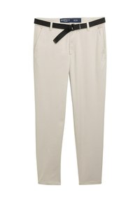 Beżowe spodnie o slim fit, z czarnym paskiem, dwoma przednimi kieszeniami i teksturowanym materiałem. Rozmiar 32 x 32.