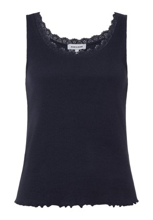 Marineblaues, ärmelloses, geripptes Tanktop mit Spitzenbesatz am Ausschnitt und gezacktem Saum, mit dem Aufdruck "MORE & MORE".