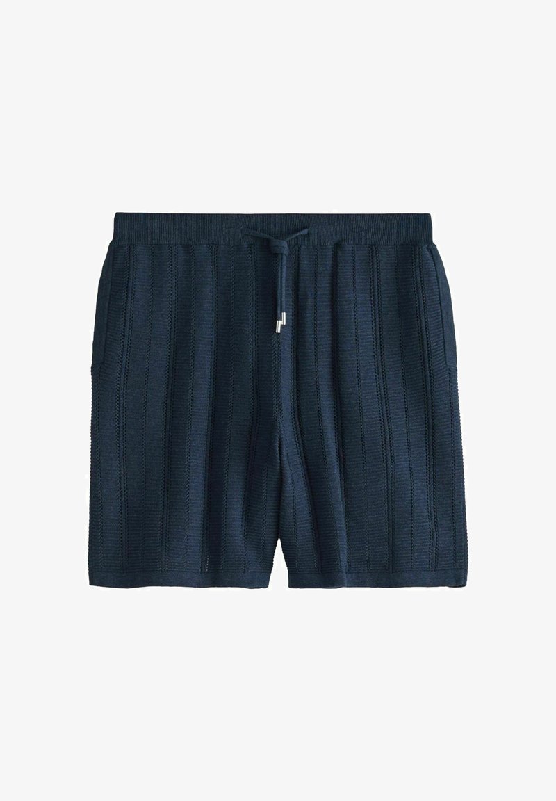 Marineblaue Strickshorts mit vertikaler Rippstruktur, elastischem Bund und Kordelzug mit Metallenden.
