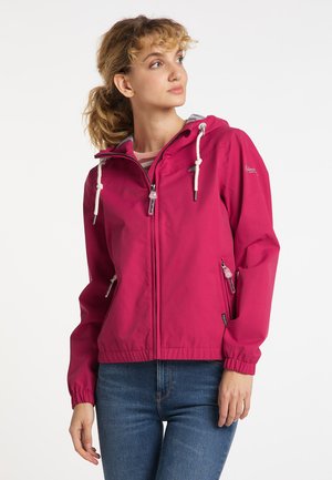 Magenta bunda s kapucí, zipovým uzávěrem, stahovacími šňůrkami a bočními kapsami. Lehký, hladký materiál a elastické manžety.