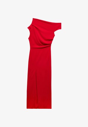 Red dress featuring an off-the-shoulder design, draped bodice, and a side slit. Made from a smooth fabric with a body-hugging fit.