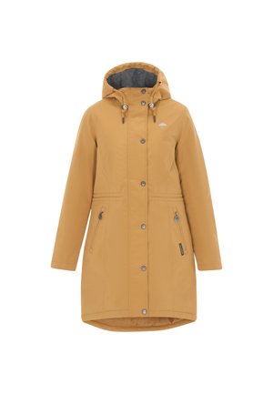 Jachetă galbenă impermeabilă cu glugă, accesorii metalice argintii, două buzunare laterale cu fermoar și un căptușeală moale gri, având un logo mic pe piept.