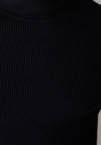 Maglione a collo alto rigato blu marina con tessuto testurizzato e linee verticali, dal design aderente. Nessun hardware o decorazione visibile.
