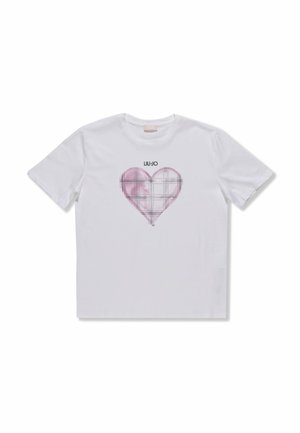 T-shirt bianca in cotone con una grafica a cuore rosa con linee a griglia e il nome del marchio "LIU·JO" stampato sopra il design.