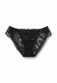 Zwarte kanten slip met bloemmotieven, golvende randen, een kleine decoratieve accent aan de voorkant en semi-doorzichtig materiaal.