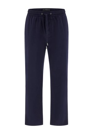 Tmavomodré ľahké bavlnené nohavice s elastickým pásom, šnúrkou na stiahnutie a bočnými vreckami. Rovný strih s hladkou štruktúrou.