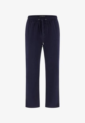 Tengerészkék, könnyű pamut nadrág rugalmas derékrésszel, húzózsinóros záródással és oldalzsebekkel. Egyenes szárú, sima textúrájú.