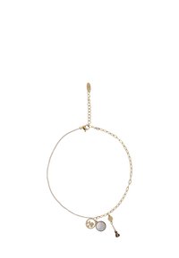 Arany lánc karkötő kör alakú medálokkal, fekete és fehér kővel, logó részlettel és állítható kapoccsal, extra láncokkal.