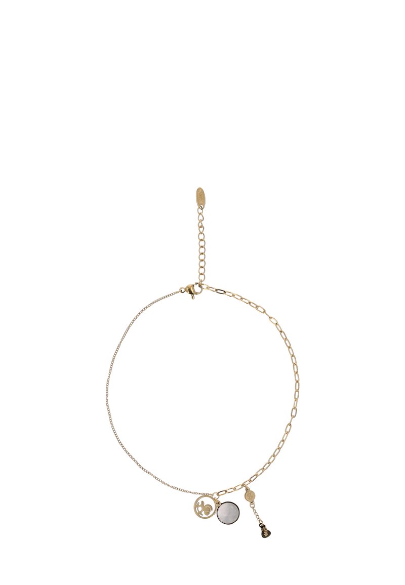 Arany lánc karkötő kör alakú medálokkal, fekete és fehér kővel, logó részlettel és állítható kapoccsal, extra láncokkal.