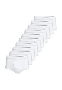 Slip in cotone bianco in un pacco da dieci, caratterizzati da una texture a coste, cinture elastiche e un design corto classico. Accenti di cuciture rinforzate.