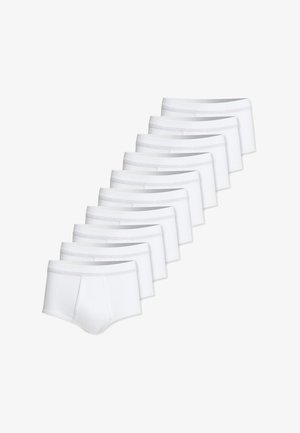 Weisse Baumwollslips im Paket mit zehn Stück, mit gerippter Textur, elastischen Taillenbündchen und einem klassischen kurzen Design. Verstärktes Nähte.