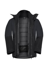 Veste isolante noire avec un extérieur texturé, un col haut, une fermeture éclair pleine longueur et plusieurs poches. L'intérieur est doté d'une doublure matelassée.