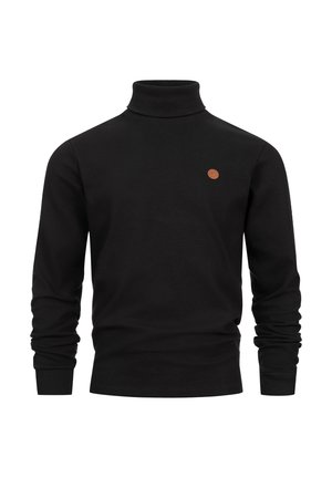 Svart polotröja med ribbad textur, figurnära design och en liten brun logotyp på vänster bröst. Långa ärmar med ribbade manschetter.